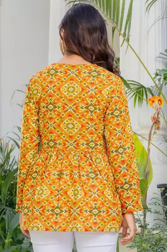 Womens yellow self design cotton fabric kurtis 3/4 sleeves v-neck