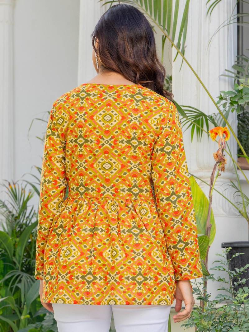 Womens yellow self design cotton fabric kurtis 3/4 sleeves v-neck