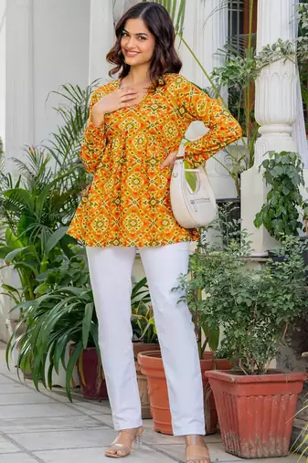 Womens yellow self design cotton fabric kurtis 3/4 sleeves v-neck