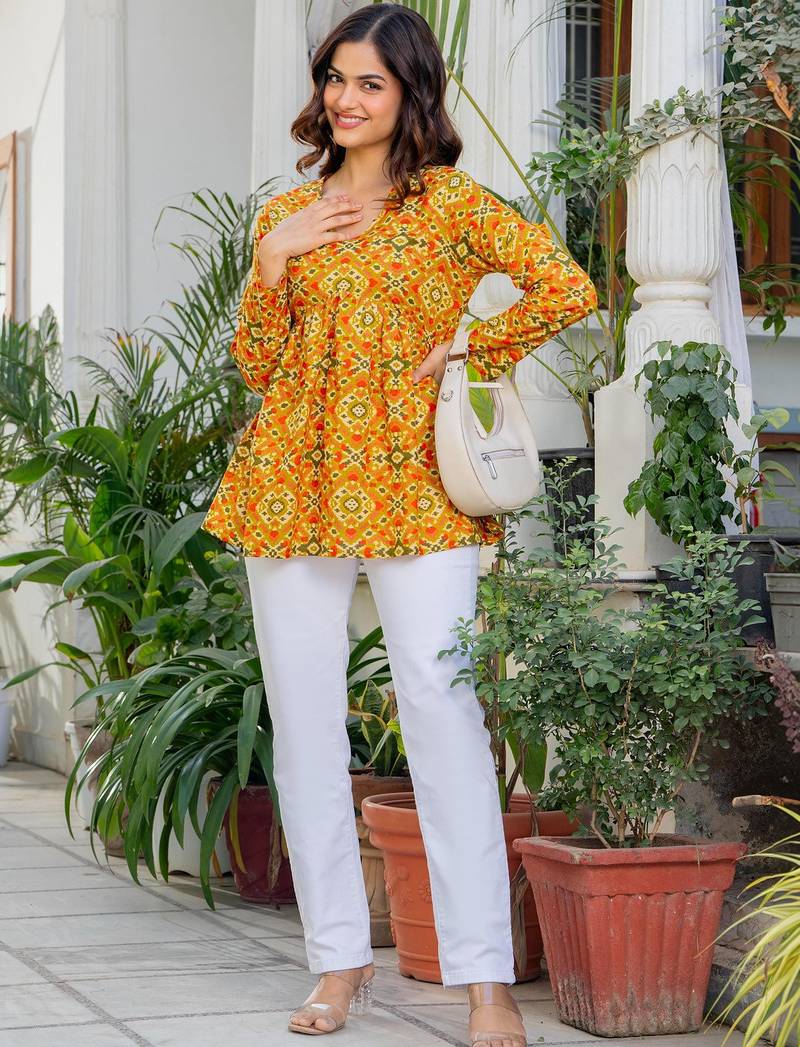 Womens yellow self design cotton fabric kurtis 3/4 sleeves v-neck