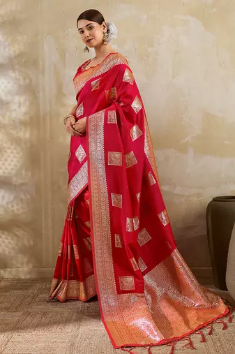 red banarasi soft silk blend saree for women 