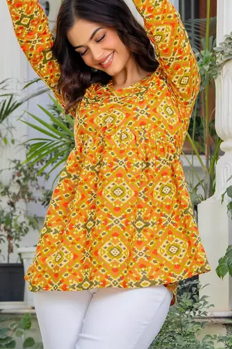 Womens yellow self design cotton fabric kurtis 3/4 sleeves v-neck