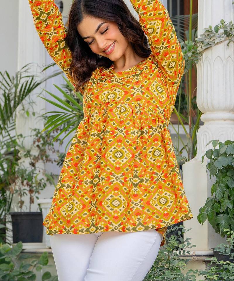 Womens yellow self design cotton fabric kurtis 3/4 sleeves v-neck