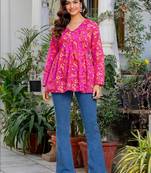 Womens pink self design cotton fabric kurtis 3/4 sleeves v-neck