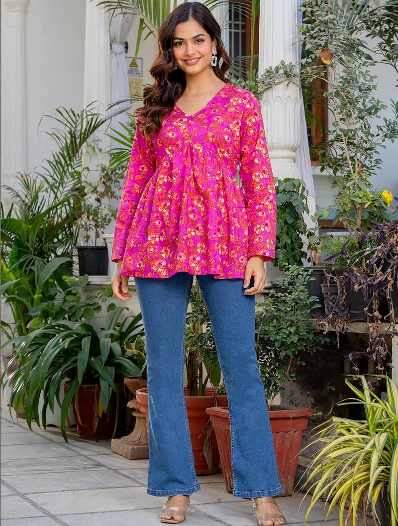 Womens pink self design cotton fabric kurtis 3/4 sleeves v-neck