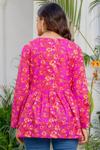 Womens pink self design cotton fabric kurtis 3/4 sleeves v-neck