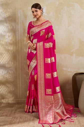 rani pink banarasi soft silk blend saree for women 
