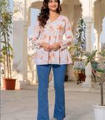 Womens white self design cotton fabric kurtis 3/4 sleeves v-neck