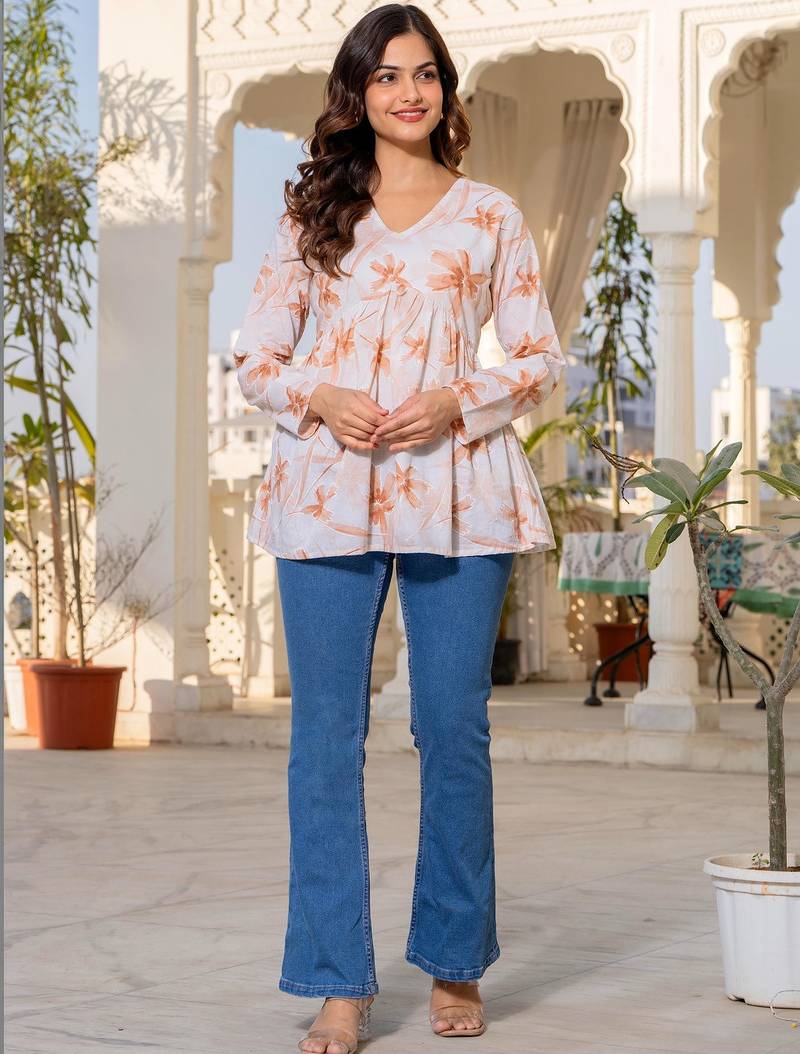 Womens white self design cotton fabric kurtis 3/4 sleeves v-neck