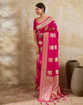 rani pink banarasi soft silk blend saree for women  2