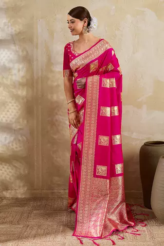 rani pink banarasi soft silk blend saree for women 