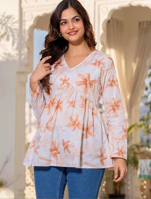 Womens white self design cotton fabric kurtis 3/4 sleeves v-neck 2