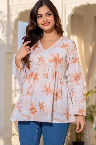 Womens white self design cotton fabric kurtis 3/4 sleeves v-neck