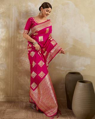 rani pink banarasi soft silk blend saree for women  4