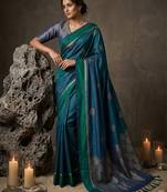 teal blue soft silk blend saree for women with navy blouse 