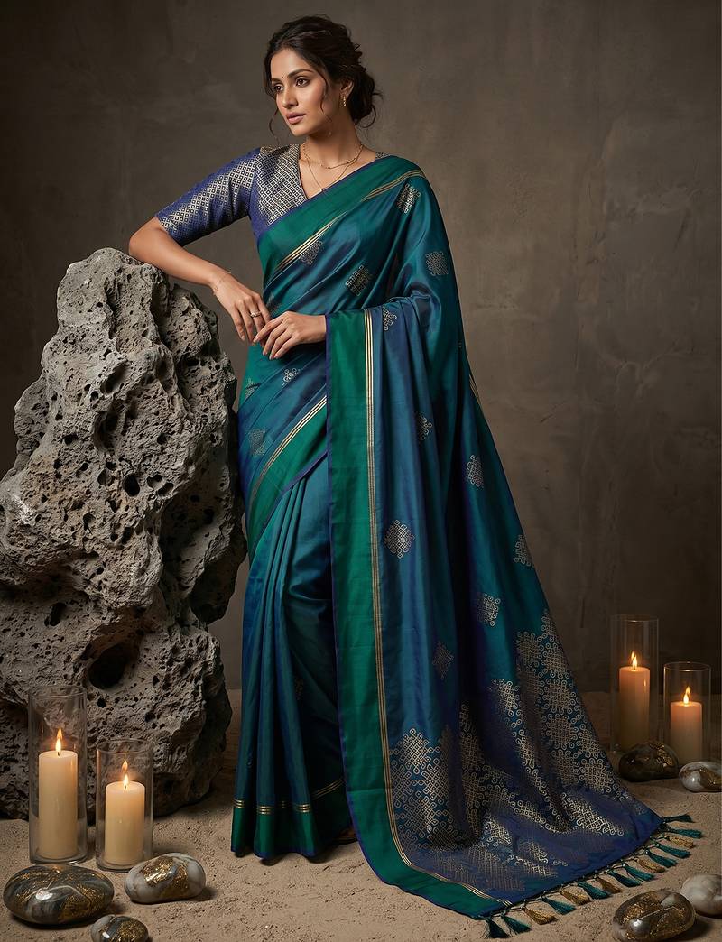 teal blue soft silk blend saree for women with navy blouse 