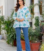 Womens white self design cotton fabric kurtis 3/4 sleeves v-neck