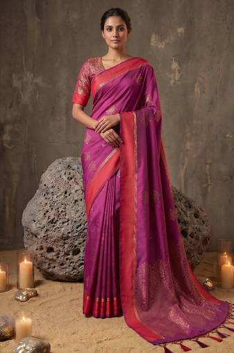 magenta soft silk blend saree for women with red blouse 