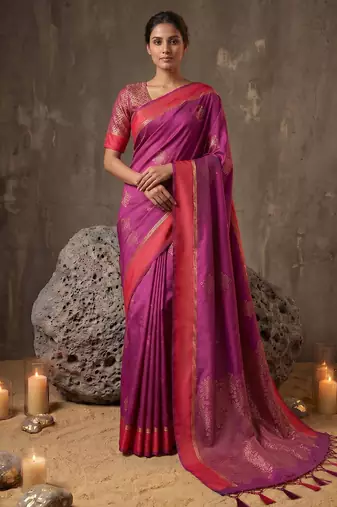 magenta soft silk blend saree for women with red blouse 