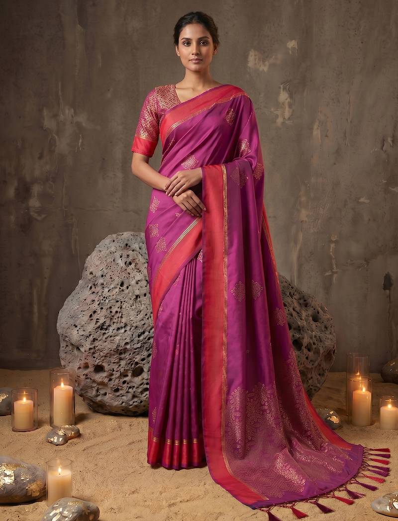 magenta soft silk blend saree for women with red blouse 