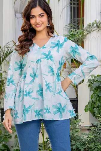 Womens white self design cotton fabric kurtis 3/4 sleeves v-neck