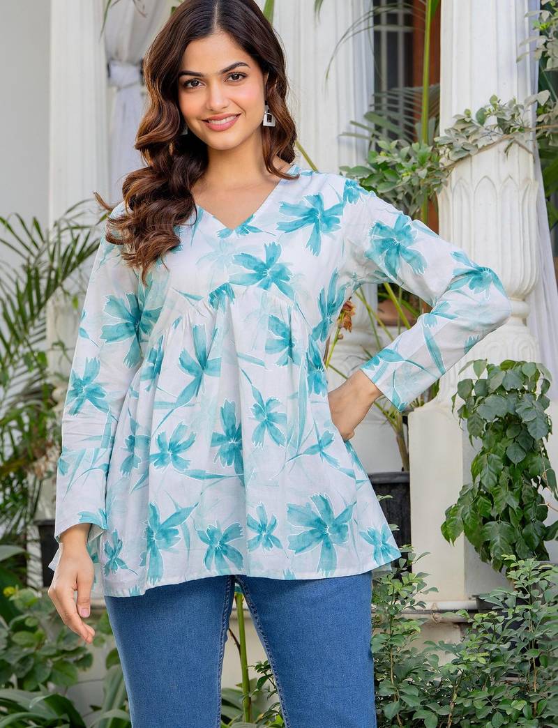 Womens white self design cotton fabric kurtis 3/4 sleeves v-neck