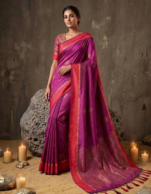 magenta soft silk blend saree for women with red blouse  2