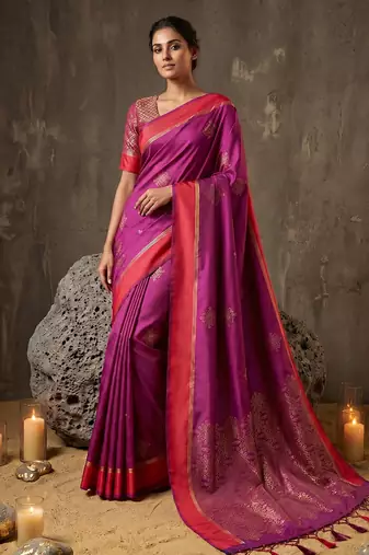magenta soft silk blend saree for women with red blouse 