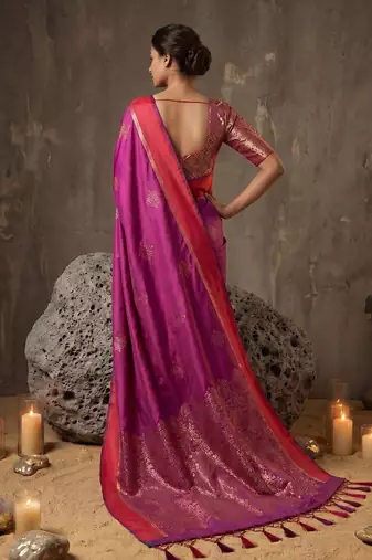 magenta soft silk blend saree for women with red blouse 