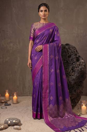 violet soft silk blend saree for women with blue blouse 