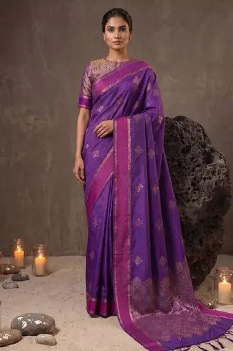 violet soft silk blend saree for women with blue blouse 