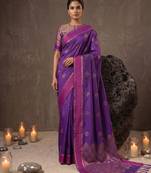violet soft silk blend saree for women with blue blouse 