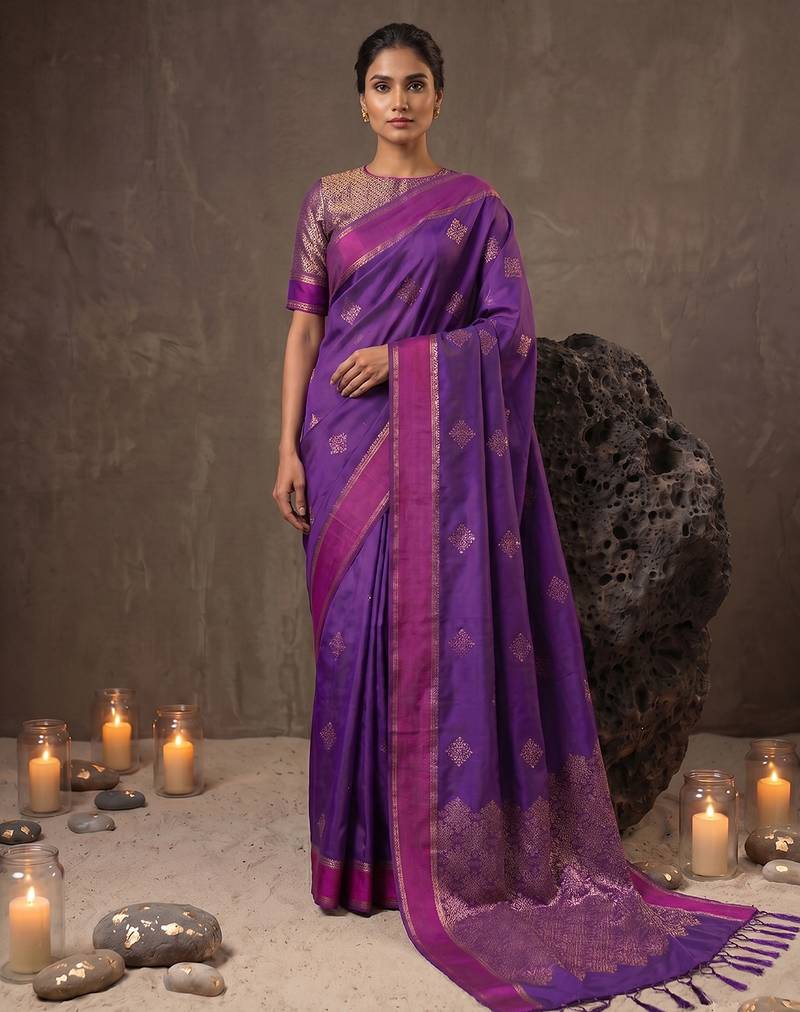violet soft silk blend saree for women with blue blouse 