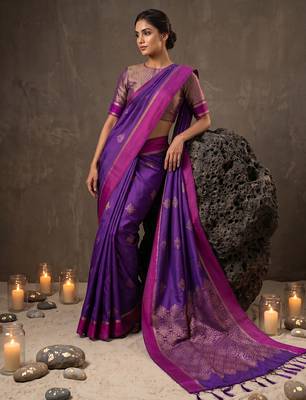 violet soft silk blend saree for women with blue blouse  2