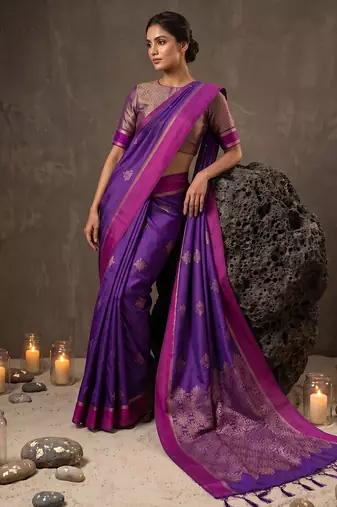 violet soft silk blend saree for women with blue blouse 