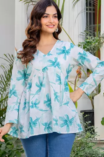 Womens white self design cotton fabric kurtis 3/4 sleeves v-neck
