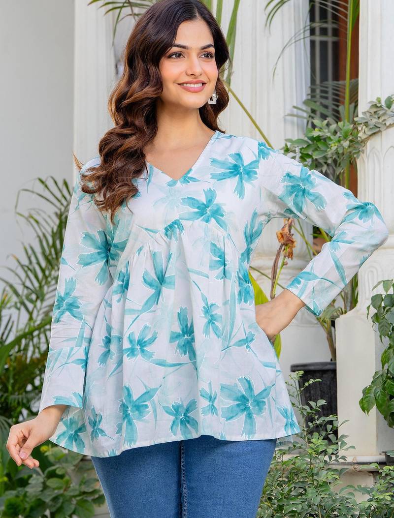 Womens white self design cotton fabric kurtis 3/4 sleeves v-neck