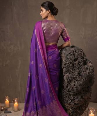violet soft silk blend saree for women with blue blouse  3