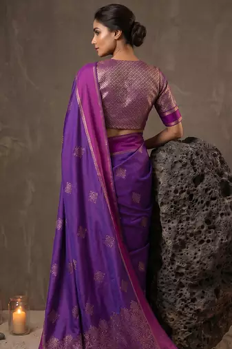 violet soft silk blend saree for women with blue blouse 