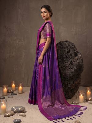 violet soft silk blend saree for women with blue blouse  4