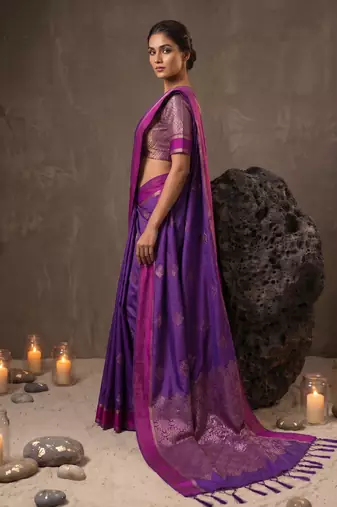 violet soft silk blend saree for women with blue blouse 