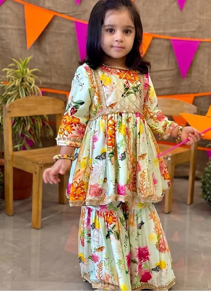 Multicolor printed chanderi sharara set
