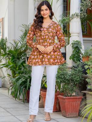 Womens orange self design cotton fabric kurtis 3/4 sleeves v-neck 1