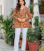 Womens orange self design cotton fabric kurtis 3/4 sleeves v-neck