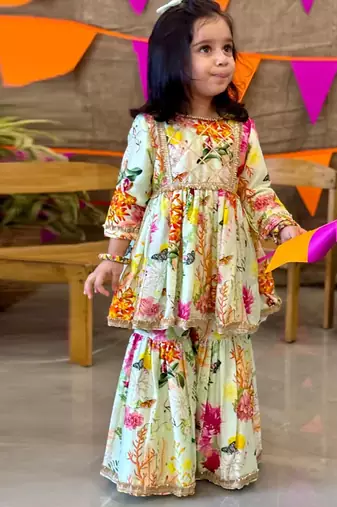 Multicolor printed chanderi sharara set