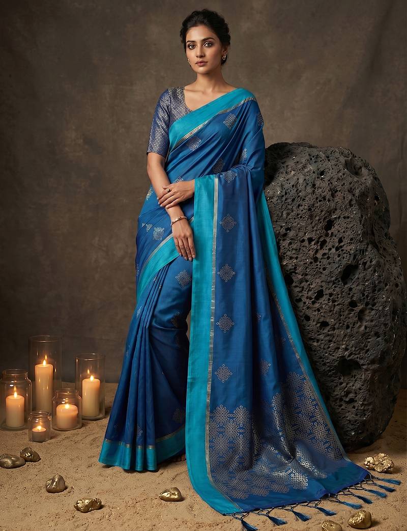 sky blue soft silk blend saree for women with blue blouse 