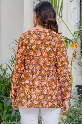 Womens orange self design cotton fabric kurtis 3/4 sleeves v-neck