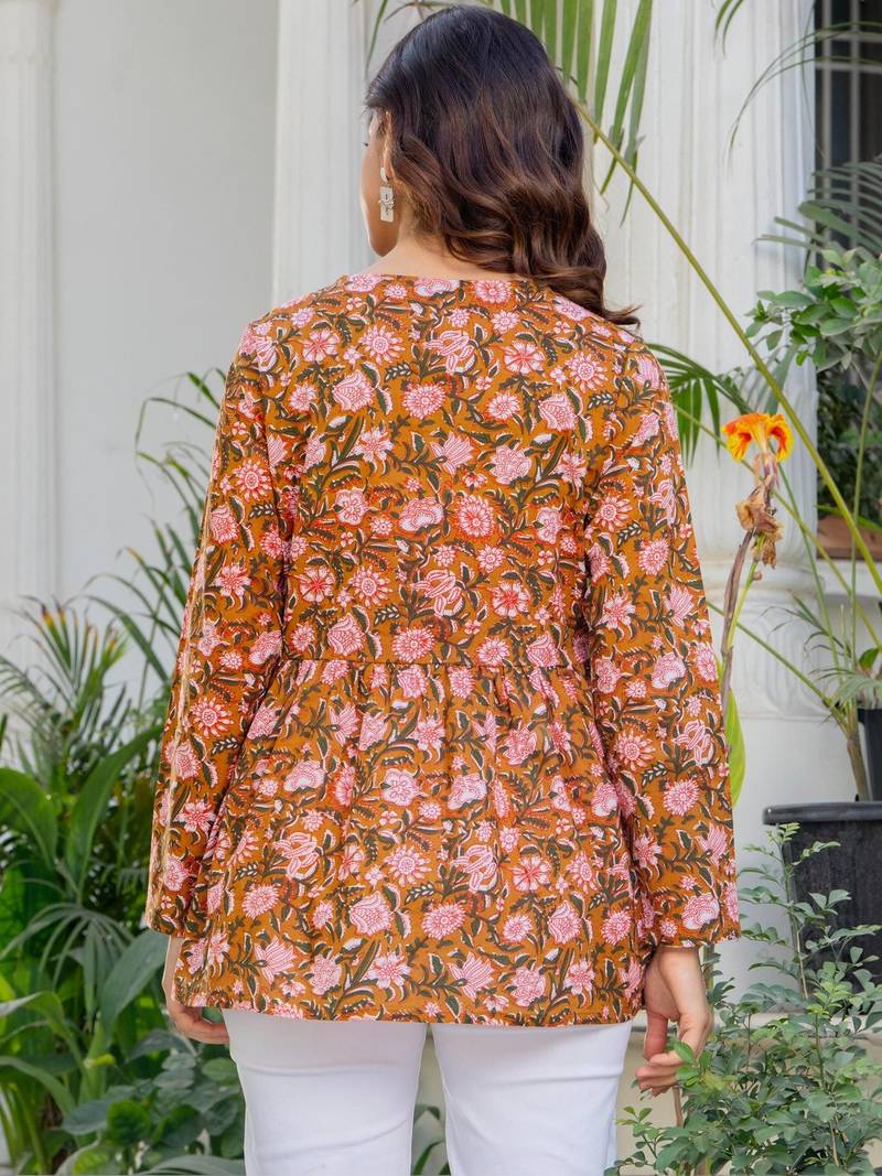 Womens orange self design cotton fabric kurtis 3/4 sleeves v-neck