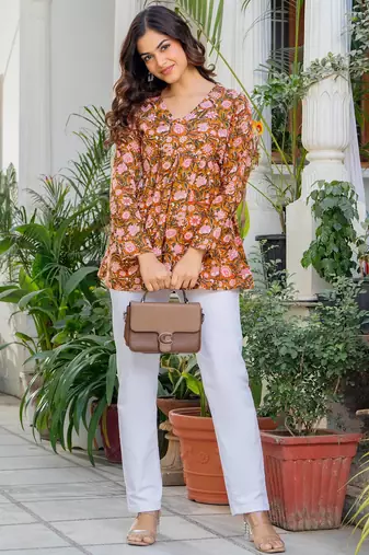 Womens orange self design cotton fabric kurtis 3/4 sleeves v-neck