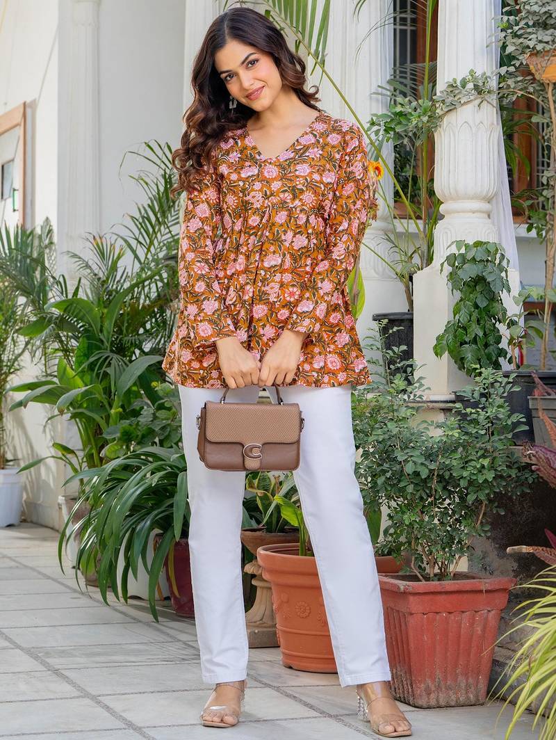 Womens orange self design cotton fabric kurtis 3/4 sleeves v-neck